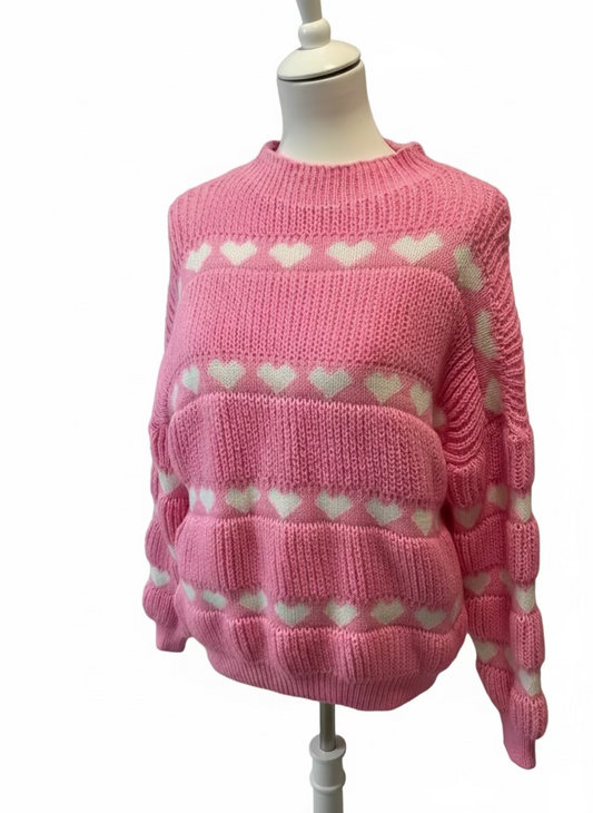 Pull rose épais motifs coeurs