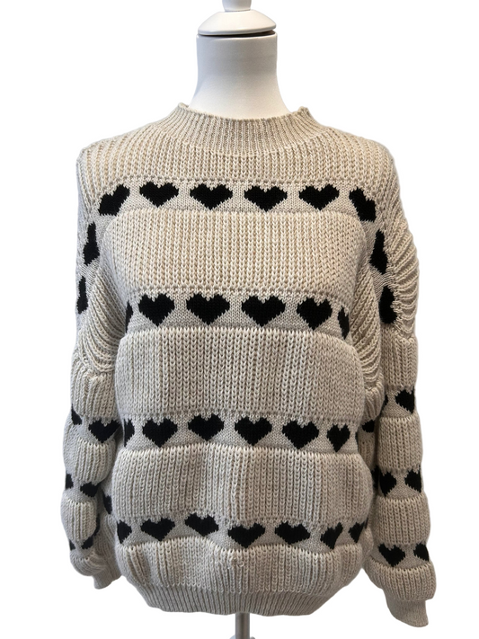 Pull beige épais -motifs coeurs