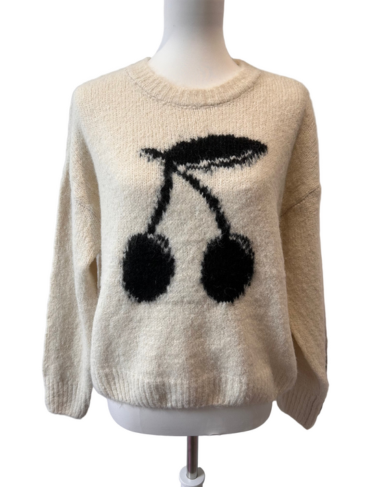 Pull beige motifs cerise