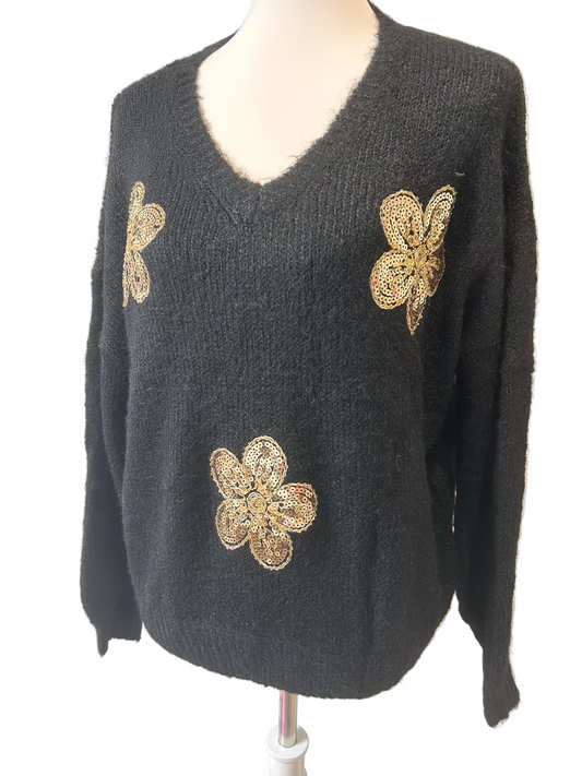 Pull noir motifs sequins dorés